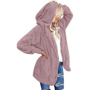 Women's Gray Purple Open Front Sherpa Vest Jacket Coat Hooded Fuzzy Sweater